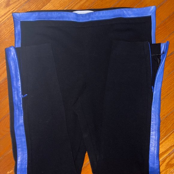 Diane Von Furstenberg Black Leggings with Blue Leather Trim Sz 12 - Picture 7 of 9